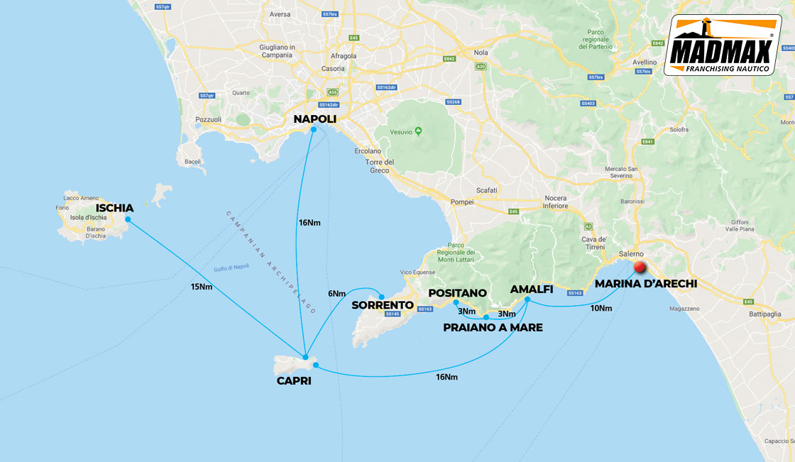 Carte itinéraire croisières sur la Côte Amalfitaine et Ischia