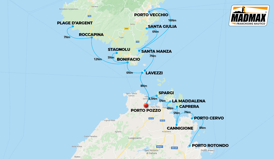 Carte Itinéraire Croisières MadMax en Sardaigne et Corse